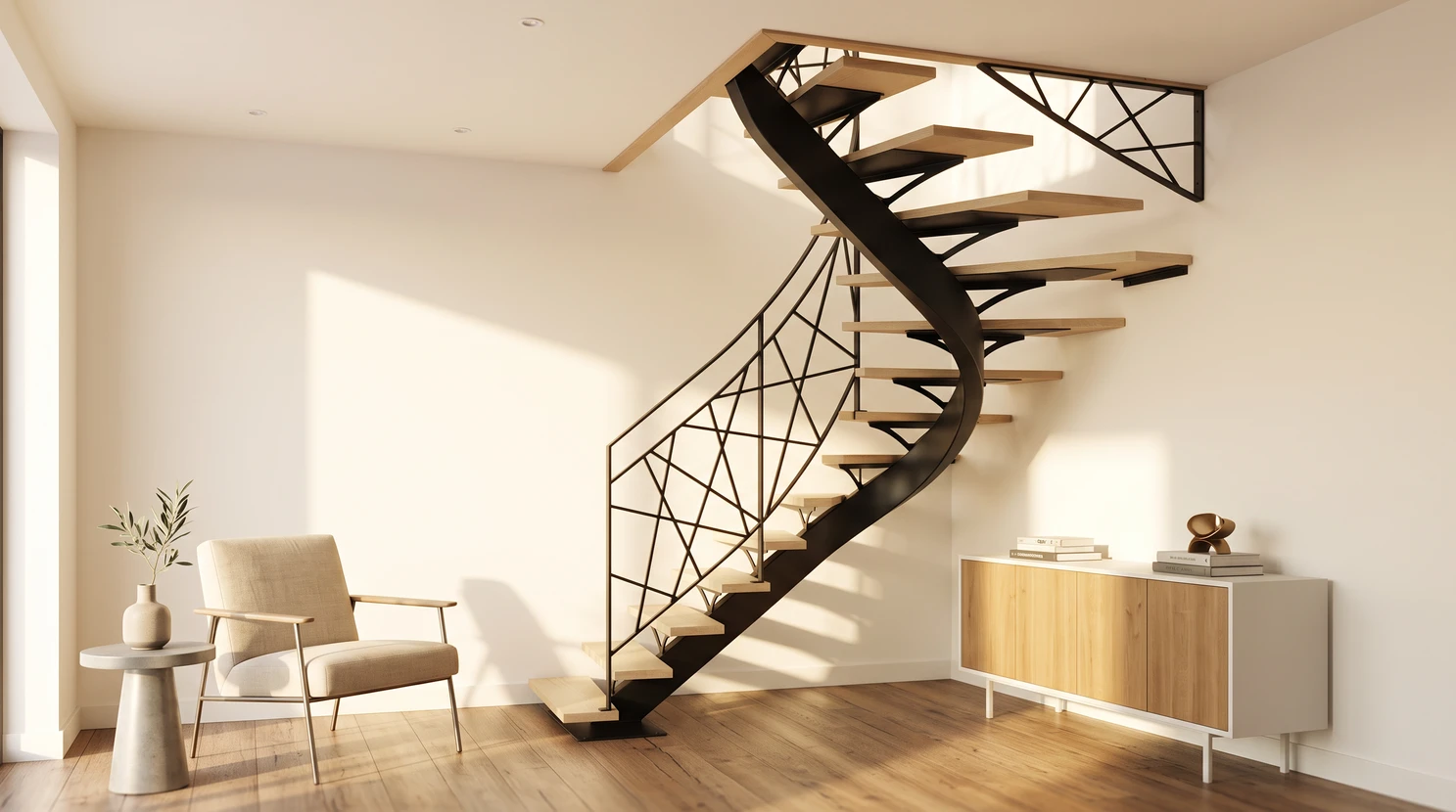 Escalier hélicoïdal métallique vu du dessus dans un environnement industriel